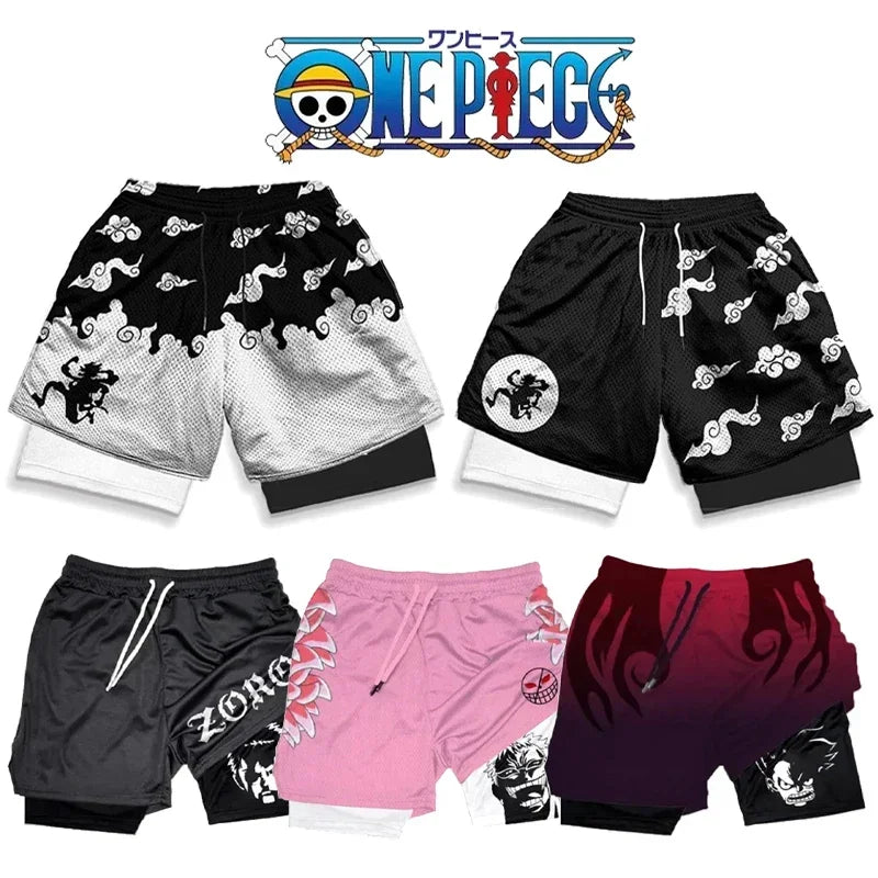 ONE PIECE Luffy Zoro Running Shorts Anime Men 2 in 1 GYM Sport Shorts