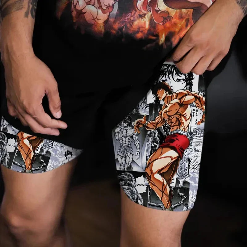 🏋️‍♂️ Baki Hanma Anime Gym Workout Shorts | Athletic 2-in-1 Compression Shorts for Men 🏃‍♂️